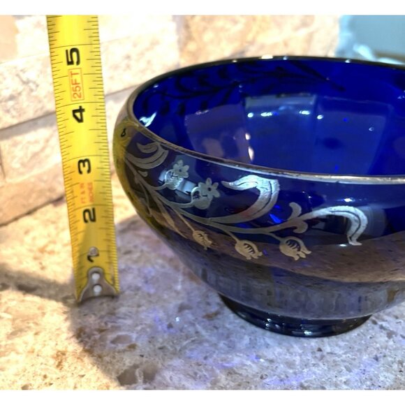 Cobalt Blue Art Glass Bowl Vase w Lily of the Valley Sterling Overlay 1950s 7” - Picture 9 of 10
